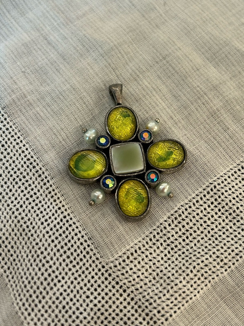Lia Sophia Green Glass and Seed Pearl Cross Pendant Necklace